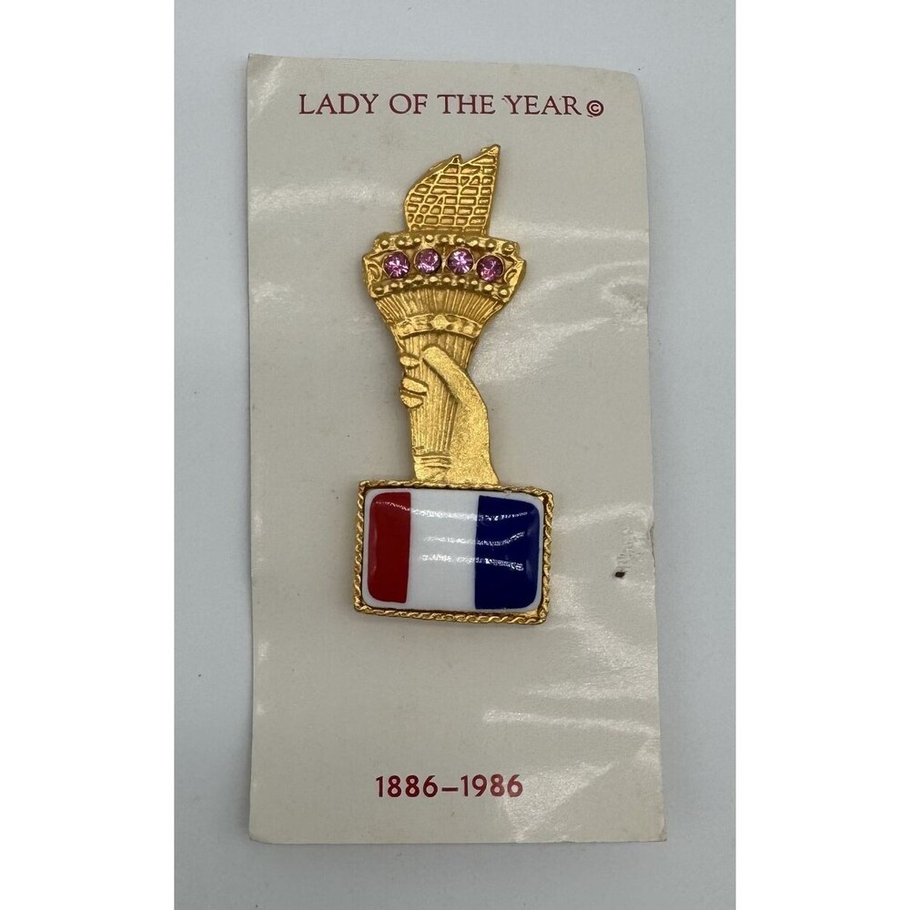 Vintage Lady of the Year 1886-1986 Pin Brooch Gold Tone Pink Rhinestones Liberty